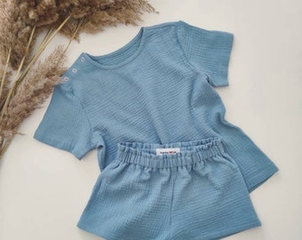 Organic baby clothes Blue muslin top and shorts set Short sleeve baby outfit Boho baby summer beach clothing for toddler girl or boy
