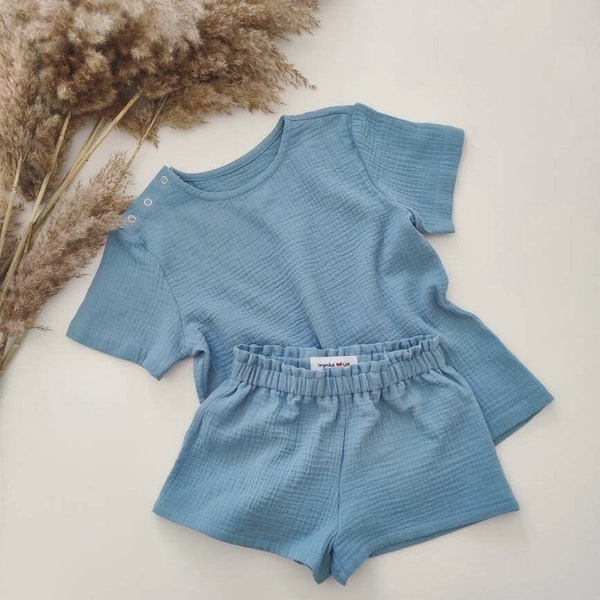 Bio Babykleidung Blau Musselin Top und Shorts Set Kurzarm Baby Outfit Boho Baby Sommer Strand Kleidung für Kleinkind Mädchen oder Jungen