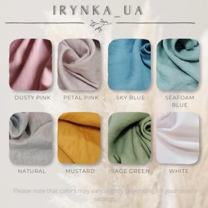 Puede incluir: Una carta de colores etiquetada como IRYNKA_UA que muestra ocho muestras de tela en rosa polvoriento, rosa p&eacute;talo, azul cielo, azul espuma de mar, natural, mostaza, verde salvia y blanco. Cada muestra muestra la textura y el color del material.