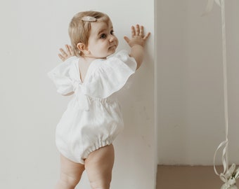 Newborn organic wear Handmade smash cake owerall Sleeveless baby summer wear White linen baby romper Ruffle first birthday girl outfit