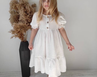 White muslin baby dress. Flower girl dress. Double gauze toddler girl clothing.