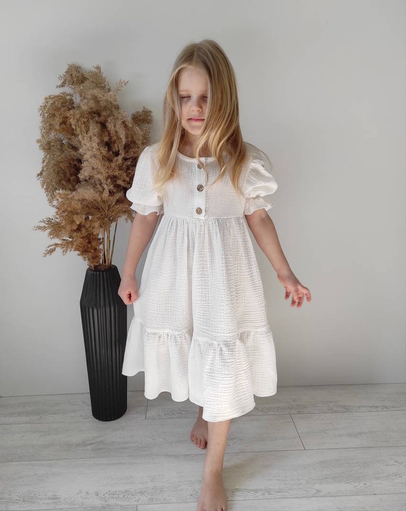 Cottagecore baby dress White muslin cotton girl dress Double gauze toddler dress Eco-friendly summer kids clothing Sustainable gift image 2