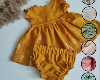 Set abito da ragazza in lino e calzoncini, abito da bambino in lino lavato organico, abito per bambini senape, vestiti organici appena nati Copri pannolino per bambini