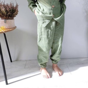 Kids linen pants, organic washed linen pants. Soft linen joggers, Harem pants, Unisex summer pants, Beach pants. Sage green linen joggers image 6