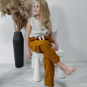 Boho linen pants Mustard pants with pockets Baggy toddler trousers Organic kids clothes Gender neutral baby clothing Sustainable clothes image 3