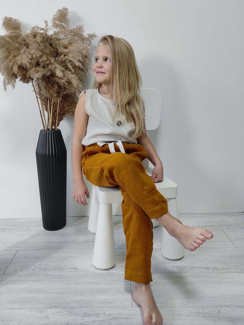 Boho linen pants Mustard pants with pockets Baggy toddler trousers Organic kids clothes Gender neutral baby clothing Sustainable clothes image 3