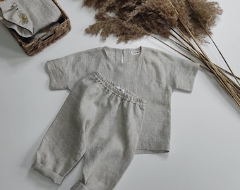 Organic linen boho style Rustic suit boy Harem pants Gender neutral baby suit Sustainable kids clothing Summer toddler outfit Handmade