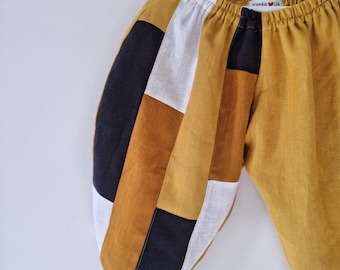 Kids Linen Pants, Patchwork Boho Trousers, Zero Waste Clothing, Handmade Toddler Pants, IN STOCK 2T Mustard