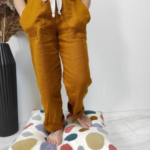 Boho linen pants Mustard pants with pockets Baggy toddler trousers Organic kids clothes Gender neutral baby clothing Sustainable clothes image 5