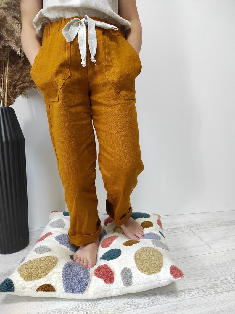 Linen kids pants with pockets Boho toddler trousers Organic kids clothes Gender neutral baby clothing Sustainable clothes Blue boy pants image 6