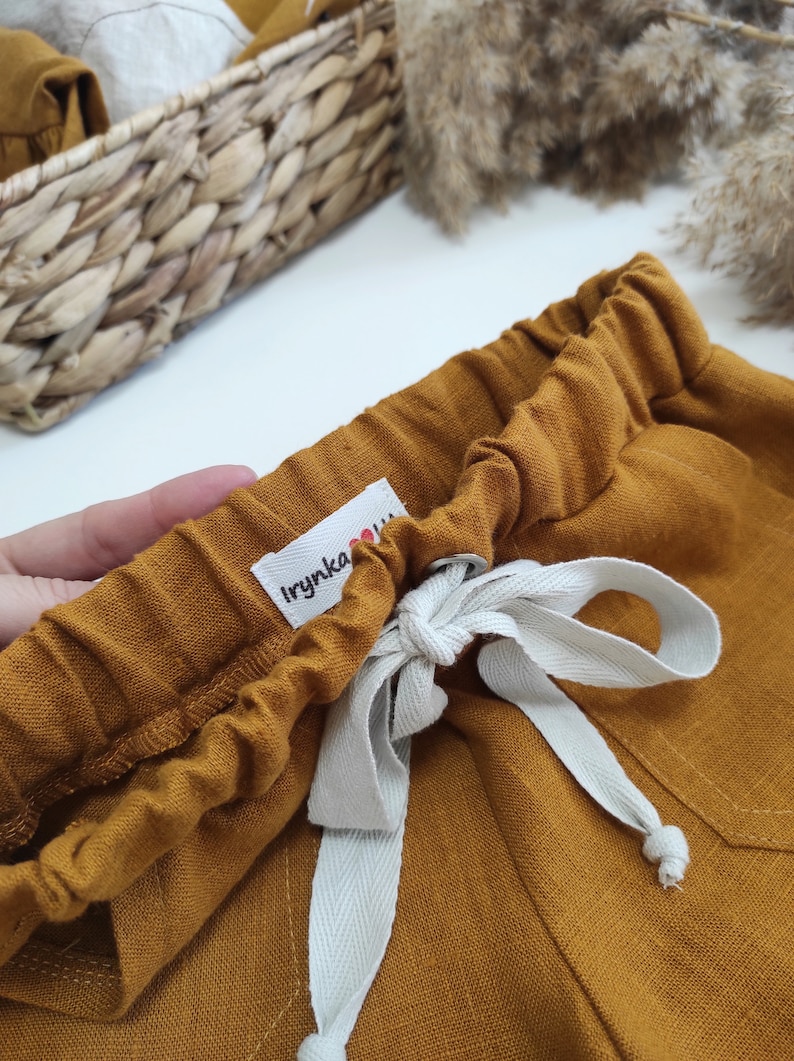 Boho linen pants Mustard pants with pockets Baggy toddler trousers Organic kids clothes Gender neutral baby clothing Sustainable clothes image 4