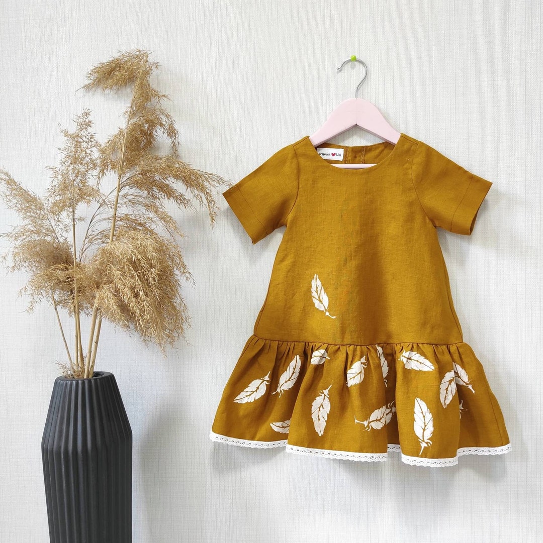 Linen Baby Dress, With Hand Paint Pattern, Unique Linen Girl Dress