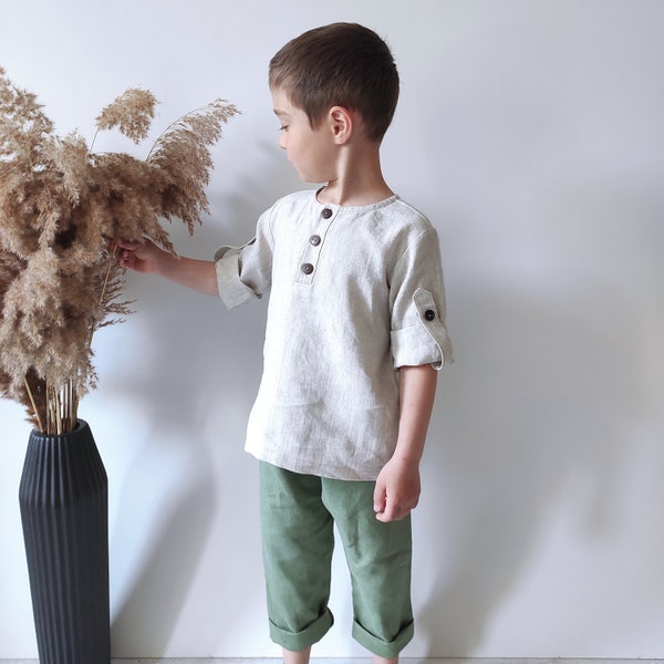 Ensemble de lin biologique pour bébé garçon Costume rustique Pantalon sarouel pour tout-petits Vêtements pour enfants durables Tenue d’été pour tout-petits Fait à la main