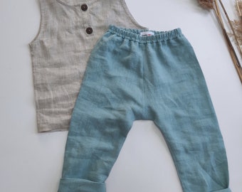 Linen baby set Rustic boy outfit Summer toddler pants and top Natural linen kids clothes Sustainable gender neutral clothing Unisex baby