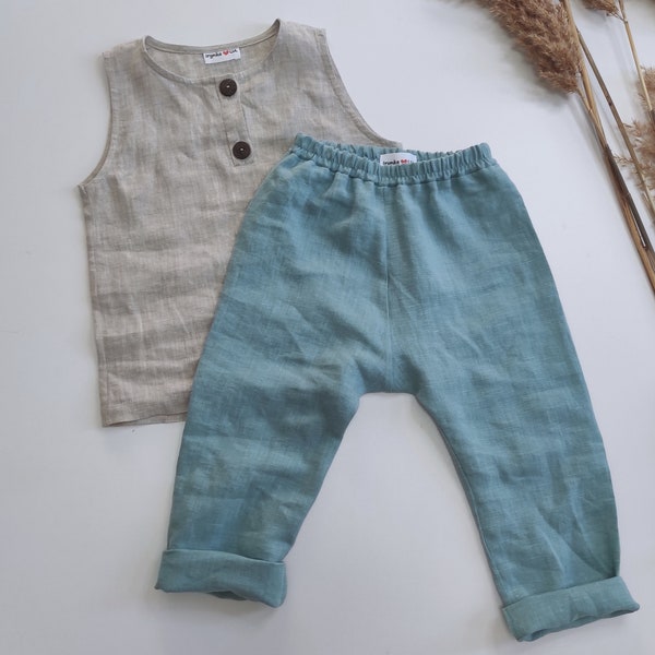 Ensemble bébé en lin Tenue rustique pour garçon Pantalon et haut d'été pour tout-petits Vêtements enfant en lin naturel Vêtements durables non sexistes Bébé unisexe