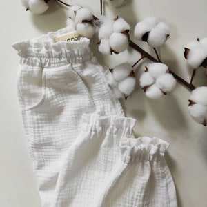 Simply pants with pockets for kids. from organic natural muslin fabric. 100% cotton, Comfortable baby clothes, Double gauze unisex pants.