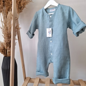 Linen baby jumpsuit. Toddler unisex romper for girl, muslin kids clothes, summer clothing for boy Blue long sleeve overall