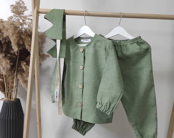 Linen baby set shirt and pants, Scandinavian rustic style linen kids clothing Organic baby clothes Cozy wear Sage green Sustainable clothing
