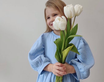 Vestido bebé de muselina azul, vestido niña doble gasa. Vestido de primer cumpleaños para niños. Vestido de muselina para niño. Traje de bautizo, ropa de algodón orgánico.