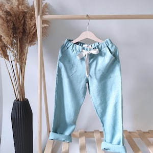 Linen kids pants with pockets Boho toddler trousers Organic kids clothes Gender neutral baby clothing Sustainable clothes Blue boy pants image 1