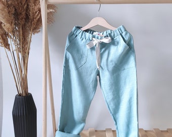 Linen kids pants with pockets Boho toddler trousers Organic kids clothes Gender neutral baby clothing Sustainable clothes Blue boy pants