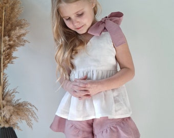 Set linen clothes for girl Linen top and rufle shorts Toddler summer outfit Pink linen suit Girls summer clothes Organic linen clothing