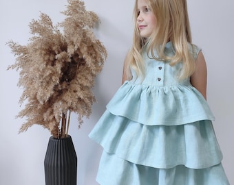 Special occasion dress for toddler Dusty blue linen baby dresses, flower girl wedding outfit, boho clothing, ruffled linen dress flounces