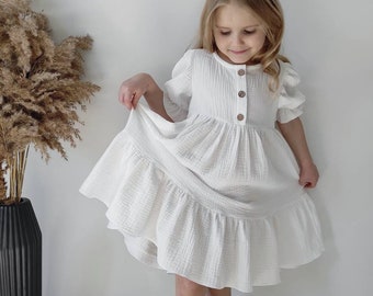 Cottagecore girl double gauze dresses, Boho flower girl dress, Organic baby clothes. Muslin toddler dress, Baptism outfit, white baby wear.