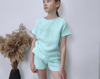 Organic baby clothes Mint muslin top and shorts set Short sleeve baby outfit Boho baby summer beach clothing for toddler girl or boy