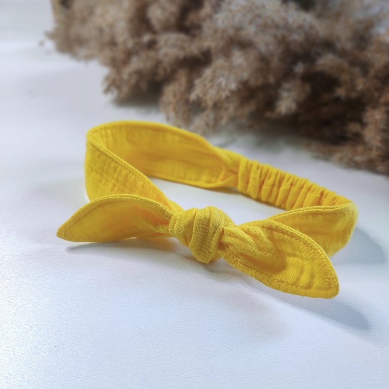 Muslin hairband, baby bow headband, girl hair decoration, hair accessories Yellow hairband for toddler girl Cotton bow image 1