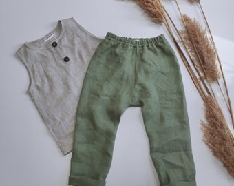 Linen baby set Sage green natural linen pants and top Organic baby clothes Toddler boy summer outfit Rustic kids clothes joggers and t-shirt