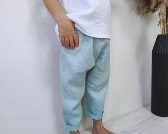 Pantalon simple en lin pour enfant. Pantalon unisexe, pantalon bébé d'été, pantalon en lin bleu poussiéreux pour garçons ou filles, style bohème décontracté, sarouel neutre