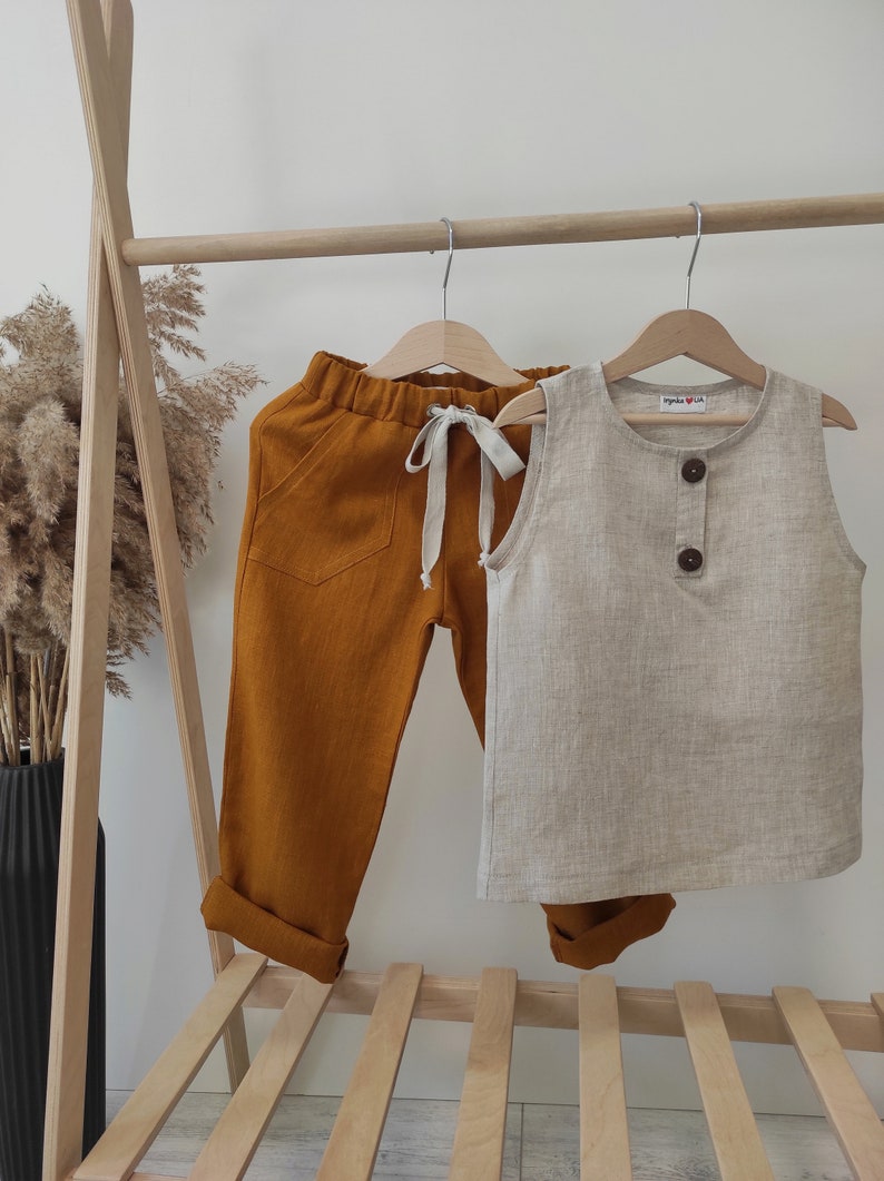 Handmade linen set baby clothes Pants and top Linen kids outfit Sustainable clothing Organic baby clothing Gender neutral set Unisex boho image 3