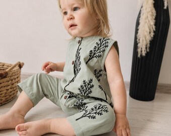 Handmade toddler romper Floral hand print Organic cotton baby overall Unique kids clothes IN STOCK 12-18 months