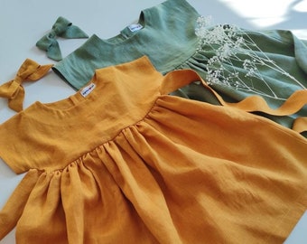 Abiti da ragazza di fiori Boho, abito da festa verde salvia, abbigliamento per bambini in lino lavato organico, abito per bambini senape, abito per bambini in lino per il primo compleanno