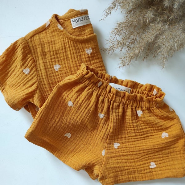 Vêtements bio pour bébé, ensemble haut en mousseline bleu et pantalon, tenue bébé à manches courtes. Vêtements de plage d'été Boho Baby pour petite fille ou garçon