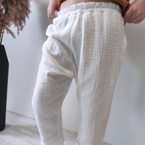 Sarouel pour bébé Pantalon non sexiste Vêtements pour enfants en coton biologique Vêtements pour bébé en mousseline Pantalons blancs pour garçon et fille Vêtements de tous les jours