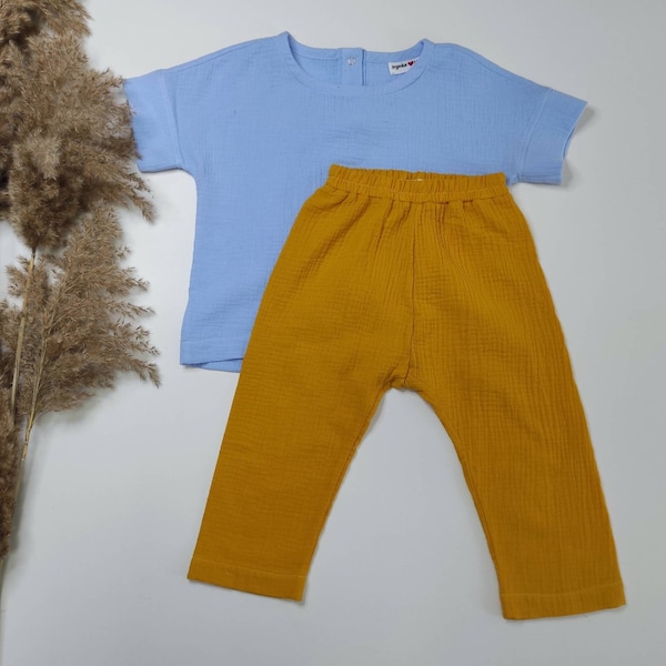 Ensemble de bébé en mousseline Vêtements de bébé bio Ensemble d'été en coton Boho double gaze tenue pour enfants Pantalon et t-shirt Ensemble unisexe pour tout-petits Vêtements de gaze