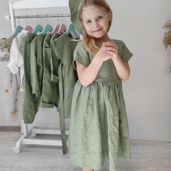 Boho flower girl dresses, Sage green party dress, organic washed linen kids clothing, mustard toddler dress, First birthday linen baby dress