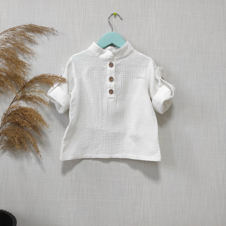 White baby boy organic muslin long sleeve shirt with button, 1st birthday shirt for boy, toddler wedding muslin shirt, cotton summer outfit image 4
