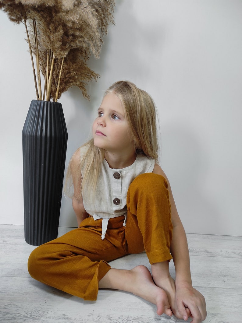 Conjunto de lino hecho a mano ropa de bebé Pantalones y top Ropa de lino para niños Ropa sostenible Ropa de bebé orgánica Género neutral conjunto Unisex boho imagen 6