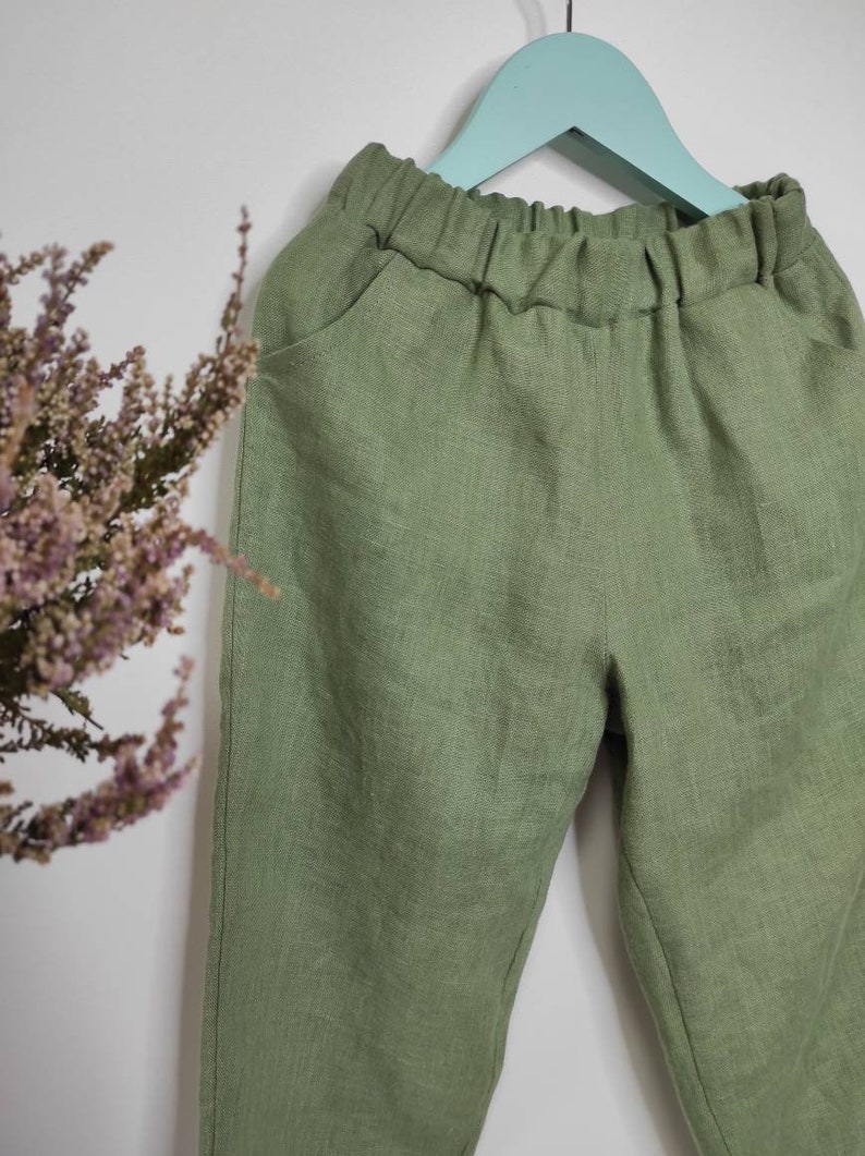 Kids linen pants, organic washed linen pants. Soft linen joggers, Harem pants, Unisex summer pants, Beach pants. Sage green linen joggers image 8