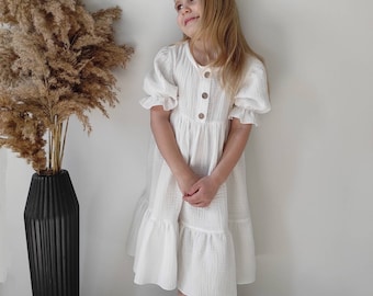 Cottagecore baby dress White muslin cotton girl dress Double gauze toddler dress Eco-friendly summer kids clothing Sustainable gift