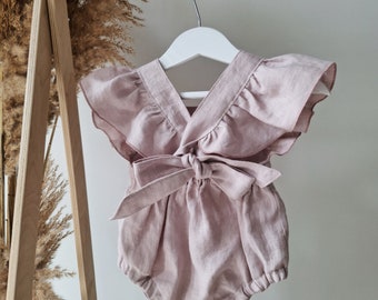 Pink linen newborn romper Ruffle first birthday girl outfit Newborn organic wear Handmade smash cake overall Sleeveless baby summer wear