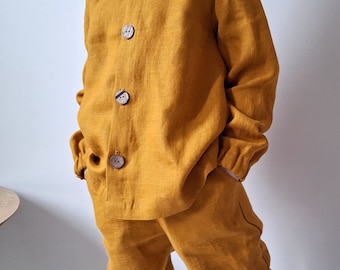 Linen baby set shirt and pants, Mustard rustic style linen kids clothing. Organic baby clothes, flax wear, pant and long sleeve shirt.