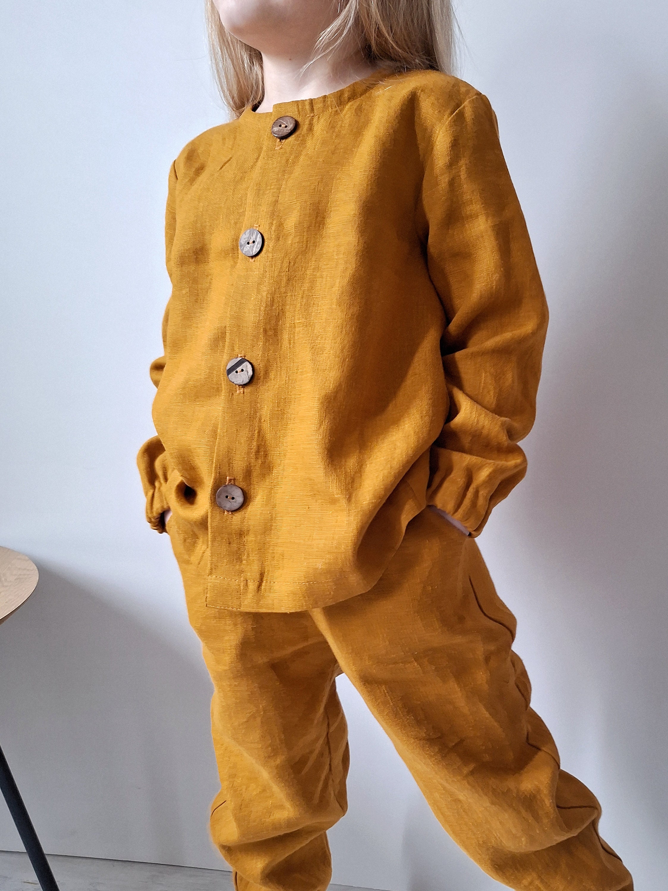Linen baby set shirt and pants, Mustard rustic style linen kids clothing. Organic baby clothes, flax wear, pant and long sleeve shirt.