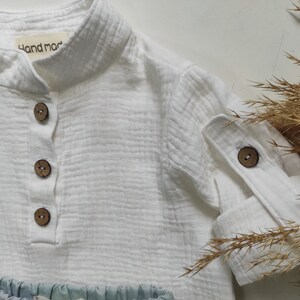 White baby boy organic muslin long sleeve shirt with button, 1st birthday shirt for boy, toddler wedding muslin shirt, cotton summer outfit image 5