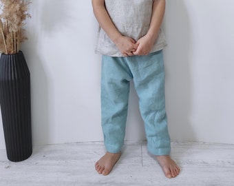 Organic baby clothes, Kids linen pants, Toddler summer trousers, boho style, blue gender neutral harem pants, Handmade linen clothing.