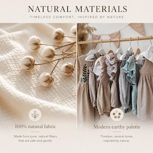 Puede incluir: Una colecci&oacute;n de ropa infantil colgada en perchas de madera, incluyendo vestidos y peleles en tonos neutros de beige, marr&oacute;n y azul suave. La imagen incluye el texto NATURAL MATERIALS, 100% natural fabric y Modern earthy palette.
