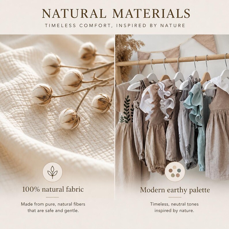Puede incluir: Una colecci&oacute;n de ropa infantil colgada en perchas de madera, incluyendo vestidos y peleles en tonos neutros de beige, marr&oacute;n y azul suave. La imagen incluye el texto NATURAL MATERIALS, 100% natural fabric y Modern earthy palette.